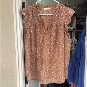 Ces Femme Brown Floral Blouse with Ruffle Sleeves